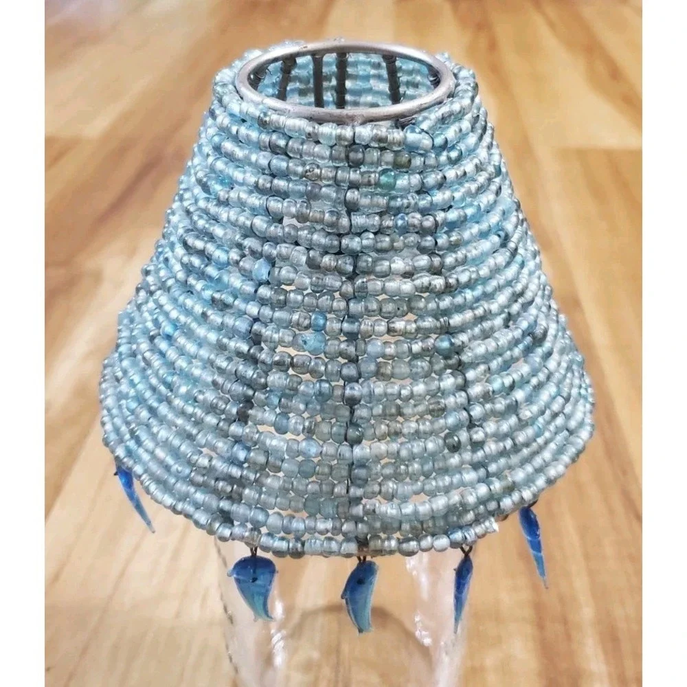 Vintage Beaded Blue Candle Ring Lamp Shade With Dangling Glass Fish